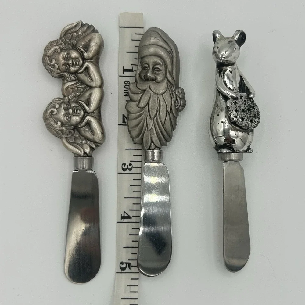 (3)  Christmas Stainless Silver Santa, Angel & Mouse Cheese Butter Knifes